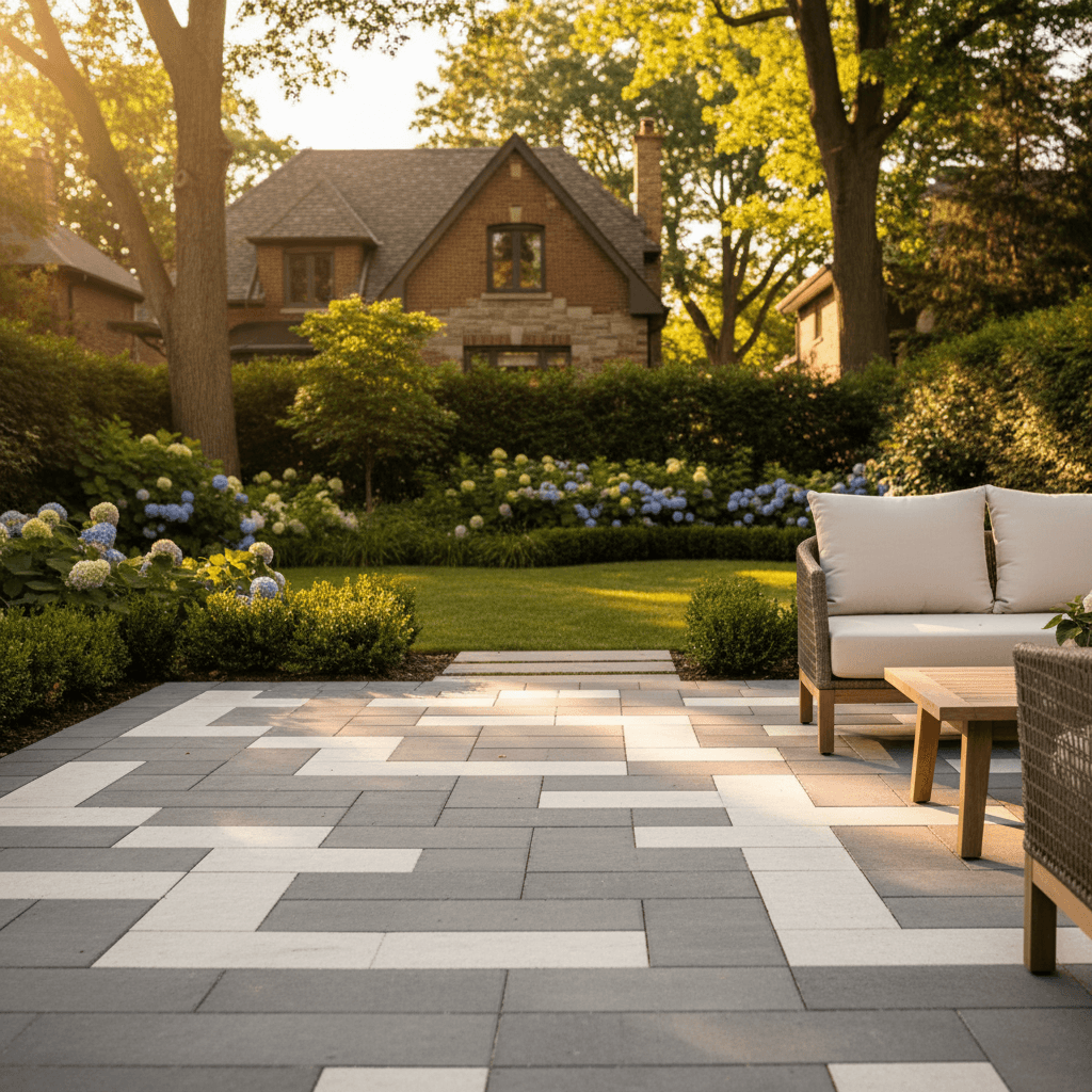 Modern patio installation with refined stone design and professional landscaping
