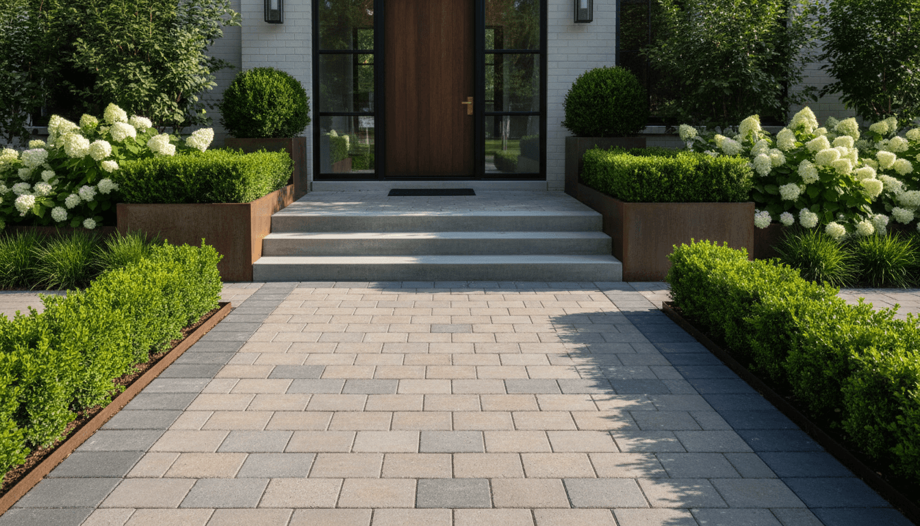 Front entrance walkway with integrated stairs and planters